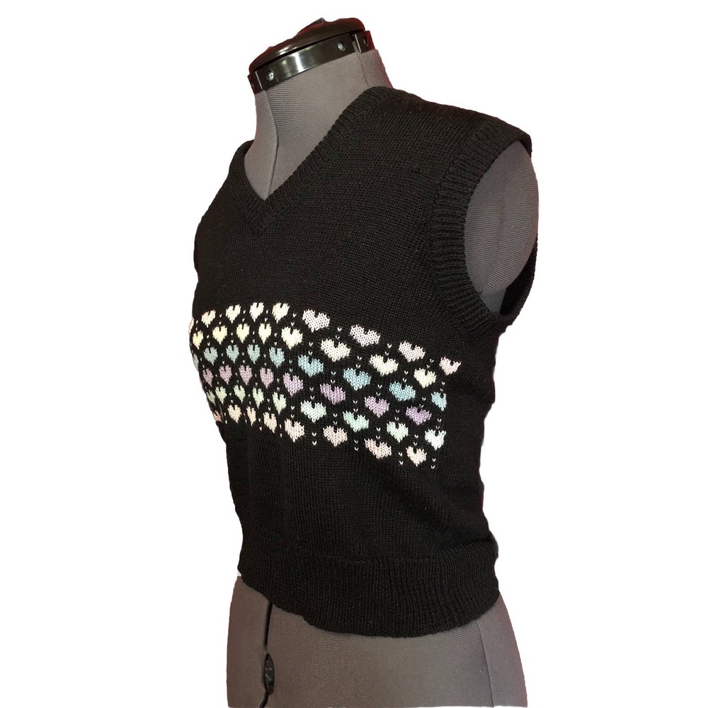 Vtg 80s Statement Sweater Vest Knit Pastel Hearts Grannycore Dark Kawaii s/m - Picture 4 of 10